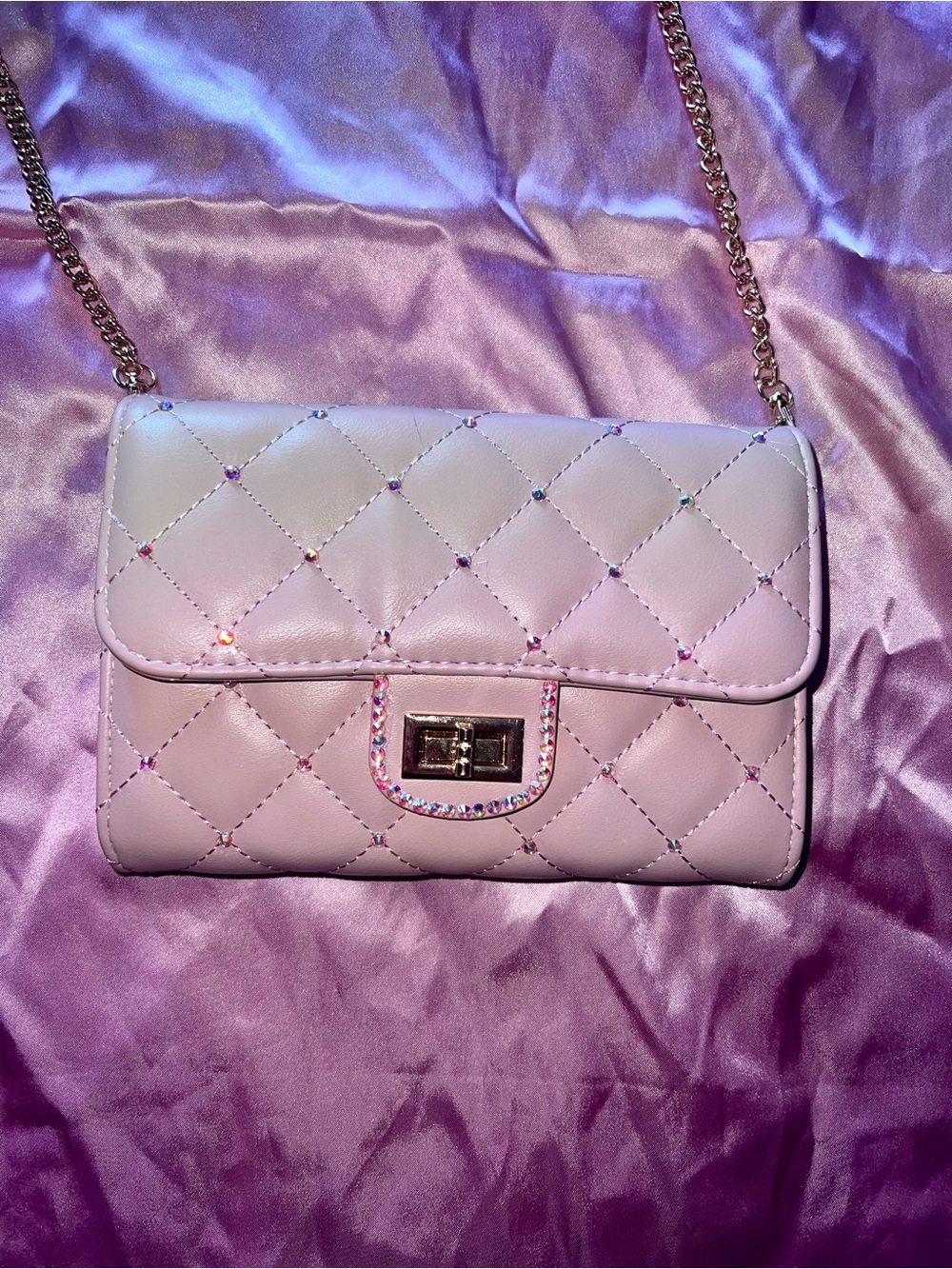 Quilted Pink Crossbody Bag with Rhinestone Trim